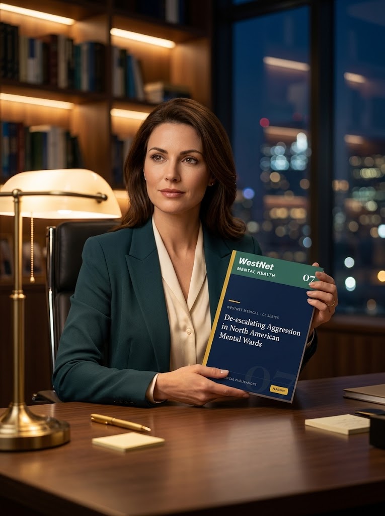 A clinician holding WestNet Medical Module 07 — De-escalating Aggression in North American Mental Wards