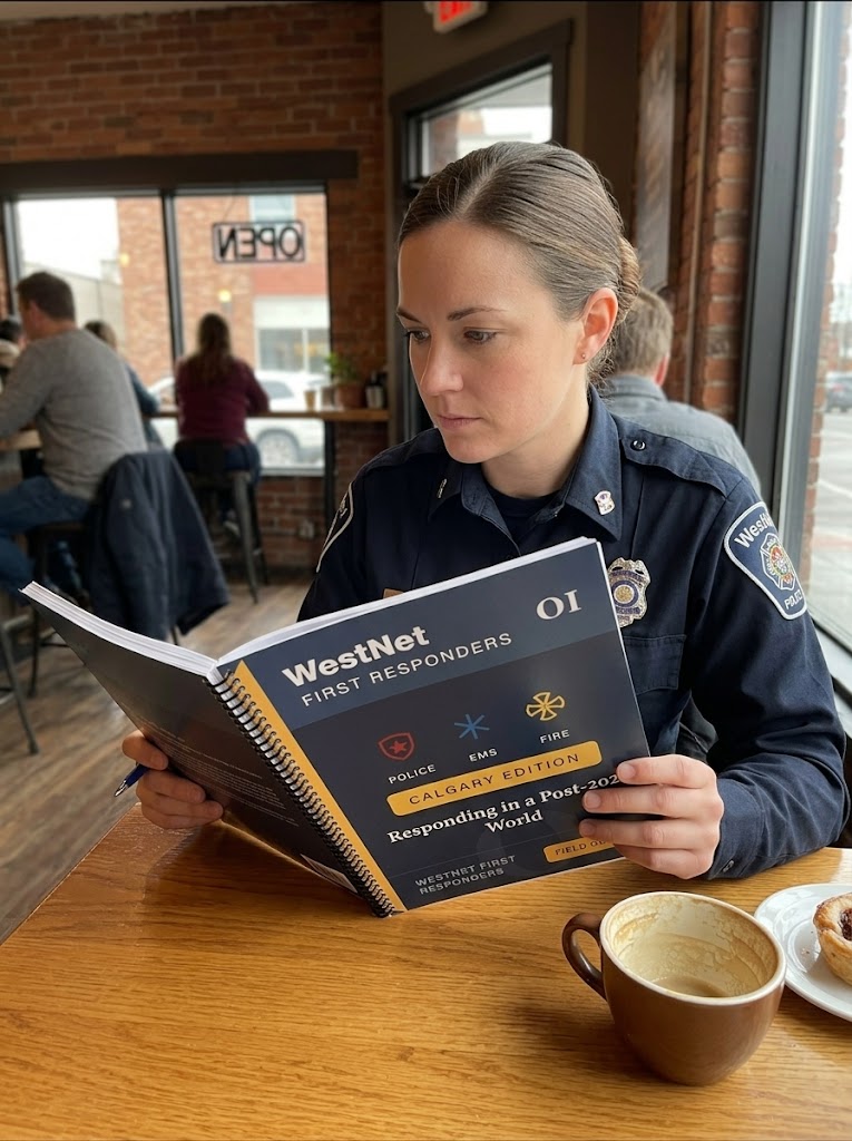A WestNet-uniformed first responder reading Field Guide 01 over coffee at a Calgary cafe